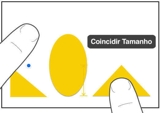 Um dedo logo acima de uma forma e um outro segurando um objeto com Coincidir Tamanho na tela.