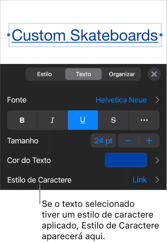 Os controles de formatação de texto com “Estilo de Caractere” abaixo dos controles de cor. O estilo de caractere Nenhum aparece com um asterisco.