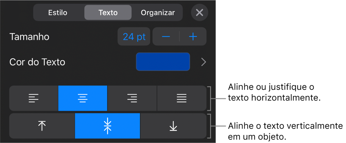 Seção Alinhamento do botão Formatar com balões explicativos para os botões de alinhamento de texto.