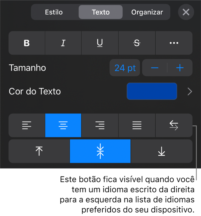 Controles de texto no menu Formatar com uma chamada para o botão da Direita para a Esquerda.