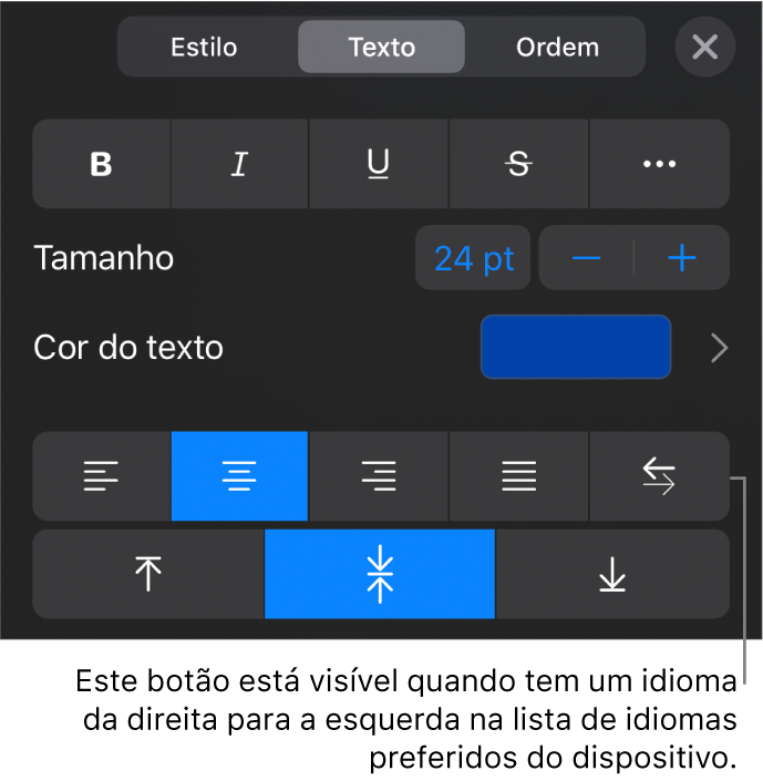 Controlos de texto no menu Formatação com uma chamada para o botão “Da direita para a esquerda”.