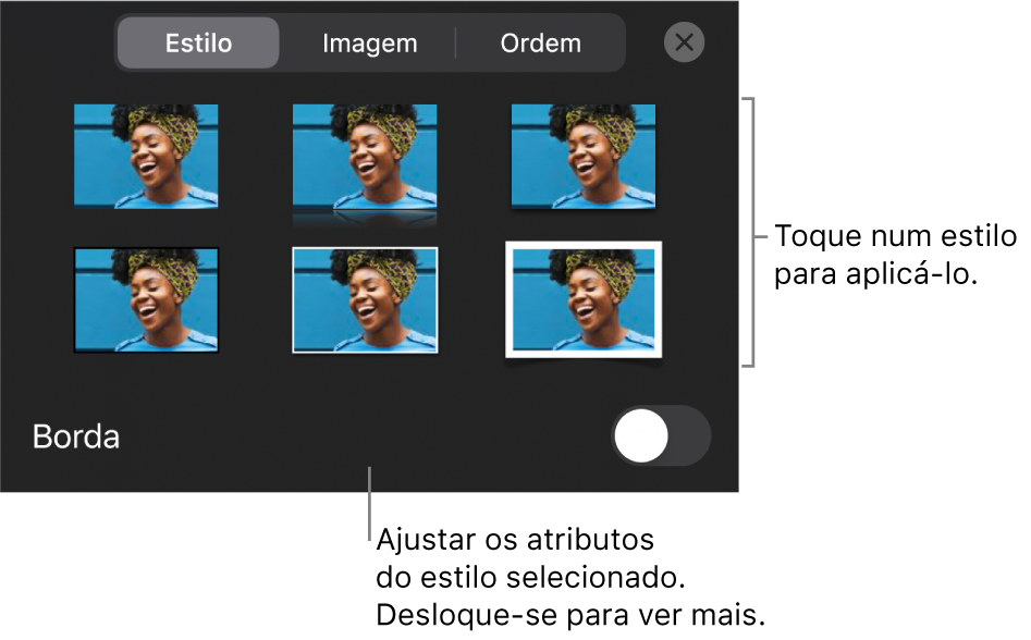 O separador Estilo do menu Formatação com estilos de objeto na parte superior e um controlo por baixo para alterar o contorno.