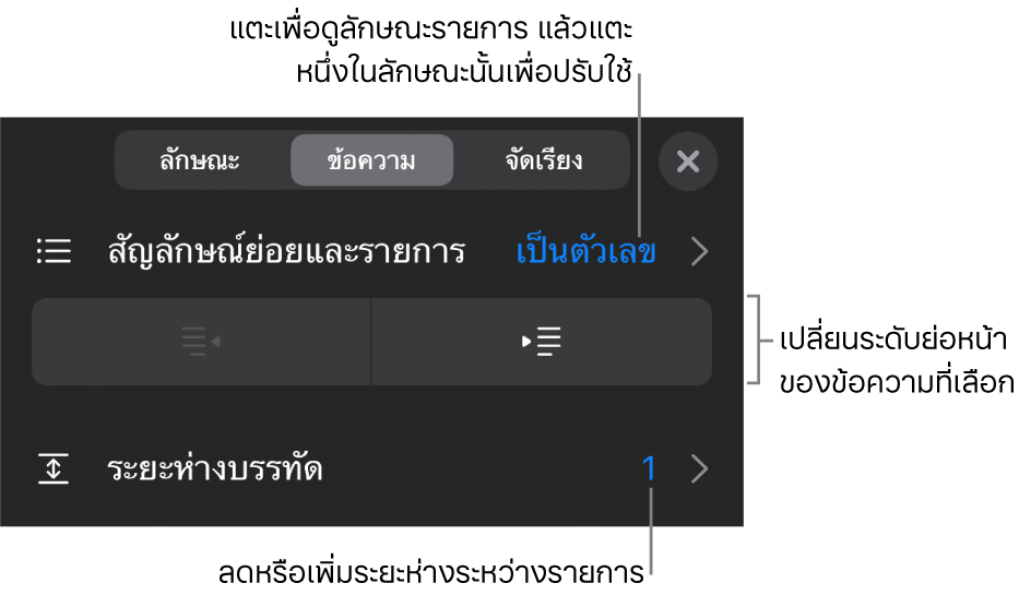 ส่วนสัญลักษณ์ย่อยและรายการของตัวควบคุมรูปแบบที่มีคำบรรยายสำหรับสัญลักษณ์ย่อยและรายการ ปุ่มการเยื้องออกและการเยื้องเข้า และตัวควบคุมระยะห่างบรรทัด