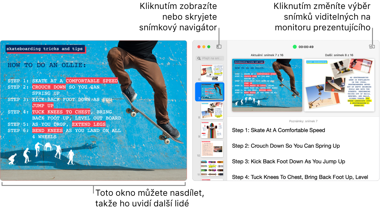 Prezentace Keynote zobrazená v jednom okně a monitor prezentujícího v druhém okně, kde jsou vidět také navigátor snímků, poznámky prezentujícího a náhled snímků