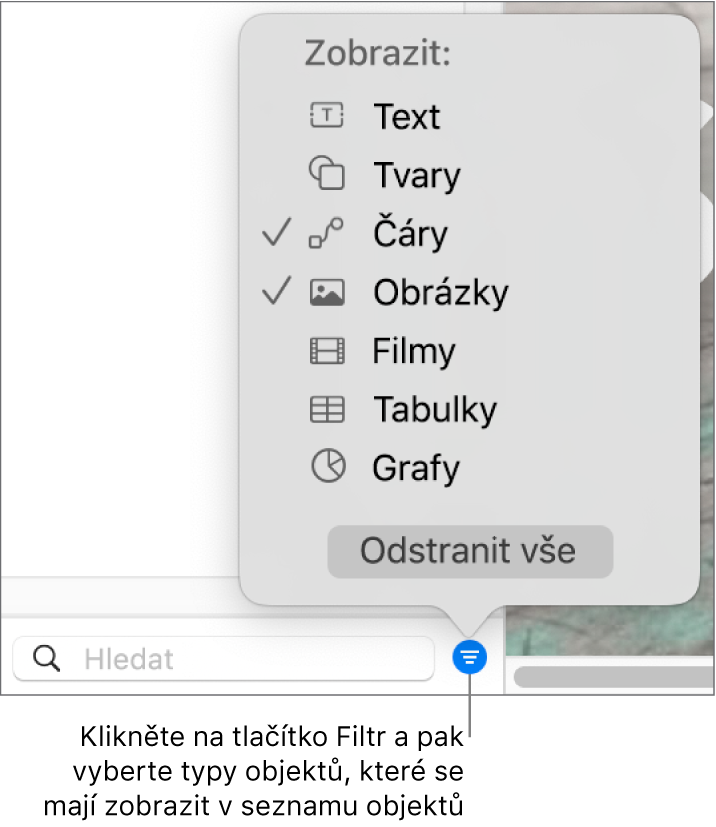 Otevřená místní nabídka Filtr se seznamem typů objektů, které mohou být na seznamu (text, tvary, čáry, obrázky, filmy, tabulky a grafy)