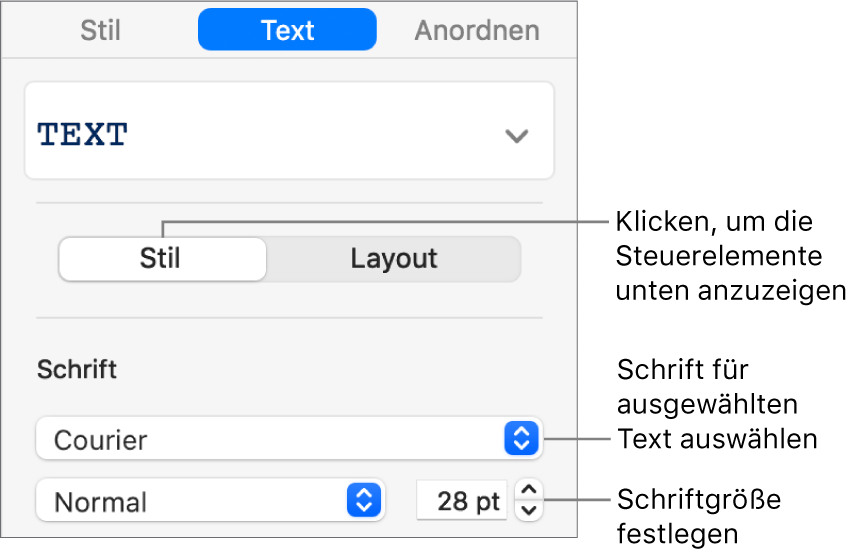 Textsteuerelemente im Abschnitt „Stil“ der Seitenleiste zum Festlegen der Schrift und der Schriftgröße