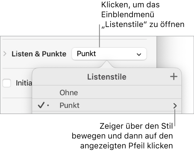 Das Einblendmenü „Listenstile“ mit einem ausgewählten Stil und einem Pfeil ganz rechts