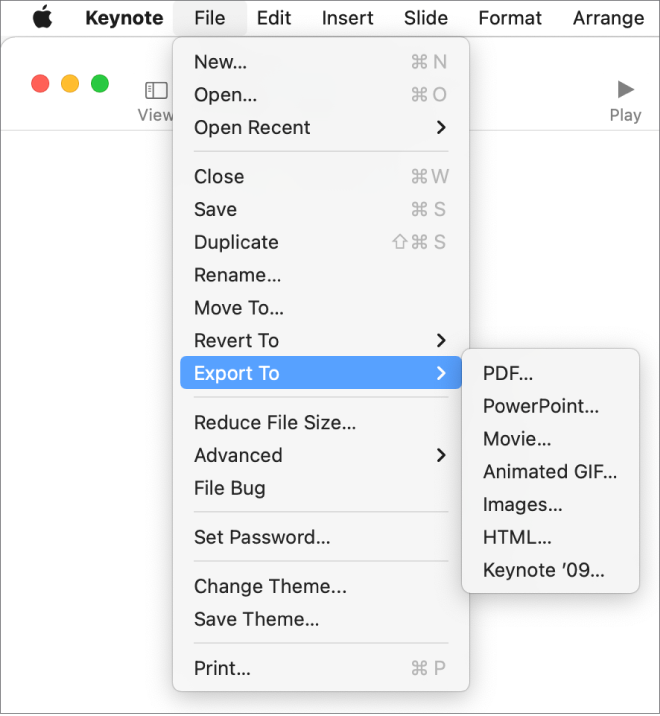 The File menu open in Keynote with "Export To" selected and its submenu showing export options for PDF, PowerPoint, Movie, HTML, Images, and Keynote ’09.