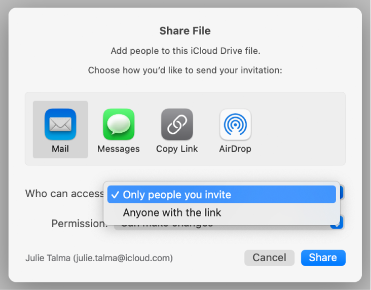 The collaboration dialog with the “Who can access” pop-up menu open and “Only people you invite” selected.