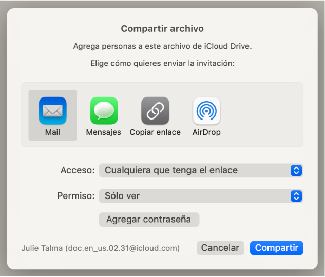 La sección “Opciones para compartir” del cuadro de diálogo de colaboración abierta, con los menús “Quién tiene acceso” y “Permiso”.