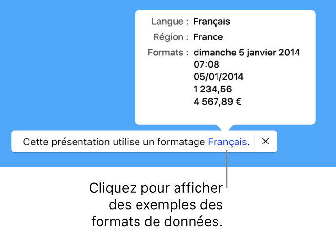 La notification du réglage de langue et de région différent affichant des exemples de la mise en forme correspondant à cette langue et à cette région.