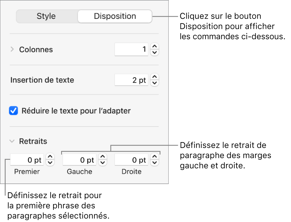 La section Disposition de la barre latérale Format, présentant les commandes définissant le retrait de première ligne et les marges de paragraphe.