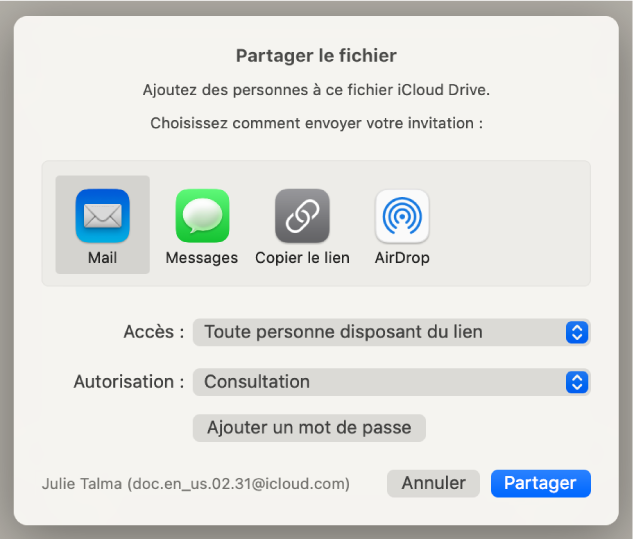 La section Options de partage de la zone de dialogue de collaboration s’ouvre, révélant les menus « Accès » et « Autorisation ».