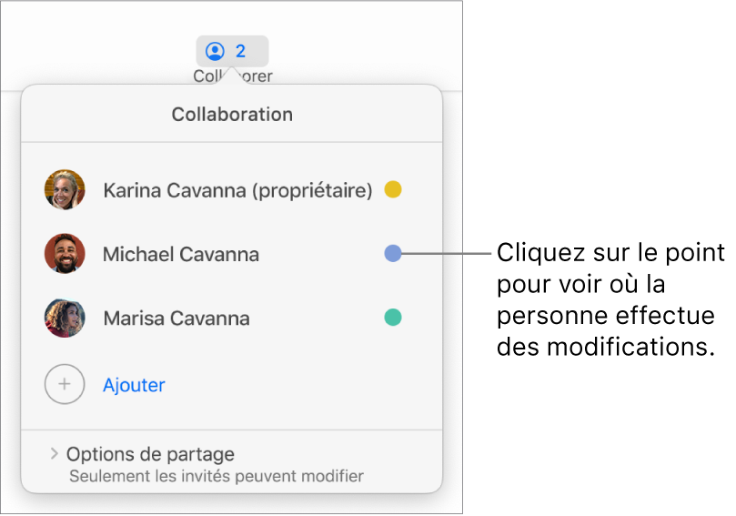 La liste des participants comprend trois participants et un point de couleur différente à droite de chaque nom.