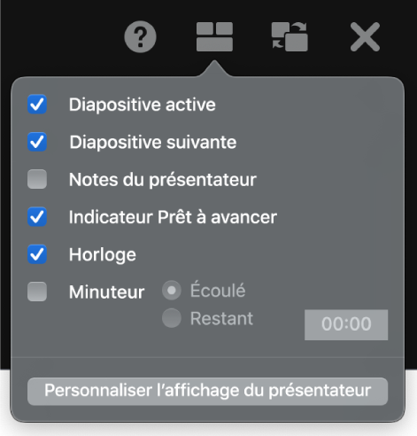 Les options de l’affichage du présentateur, y compris Diapositive actuelle, Diapositive suivante, Notes du présentateur, Indicateur Prêt à avancer, Horloge et Minuteur. Le minuteur propose des options supplémentaires permettant d’afficher le temps passé et le temps restant.