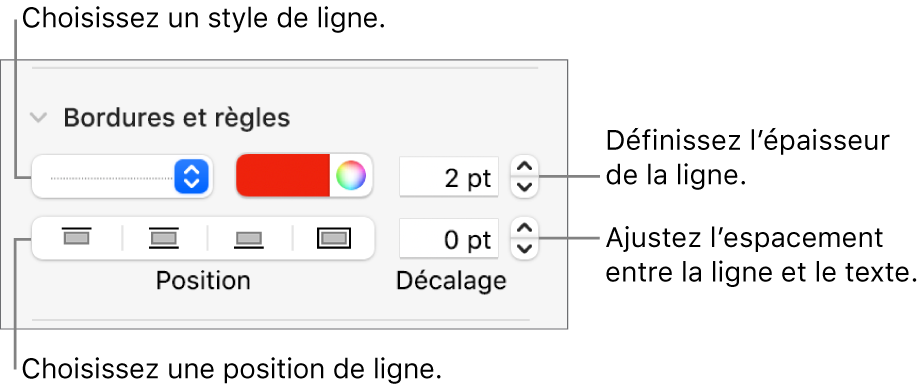 Commandes permettant de modifier le style, l’épaisseur, la position et la couleur de la ligne.