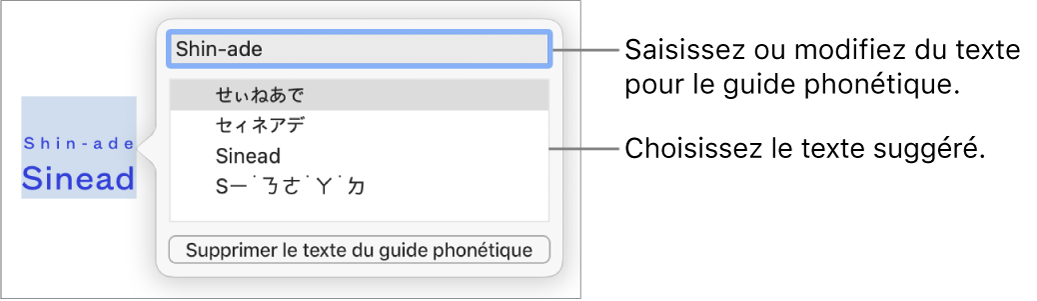 Le guide phonétique ouvert pour un mot, accompagné de légendes traitant du champ de texte et du texte suggéré.