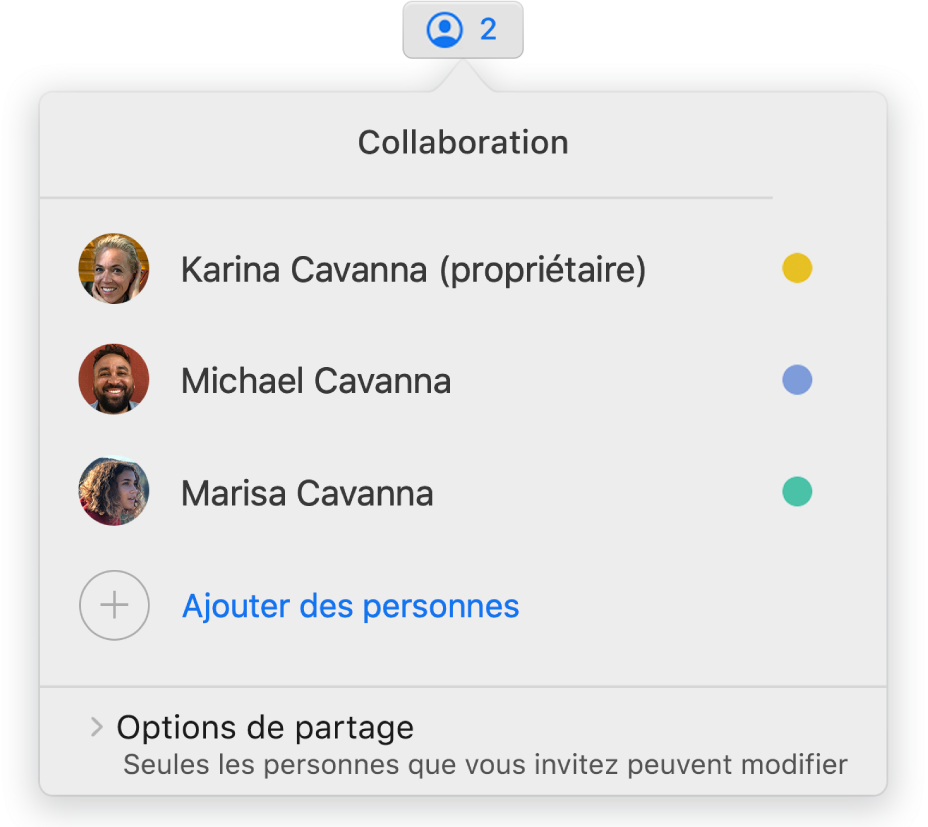 Le menu Collaboration affichant le nom des personnes qui collaborent sur la présentation. Les options de partage se trouvent sous les noms.