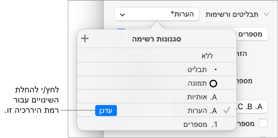 התפריט הקופצני ״סגנונות רשימה״ עם כפתור ״עדכן״ בסמוך לשמו של הסגנון החדש.