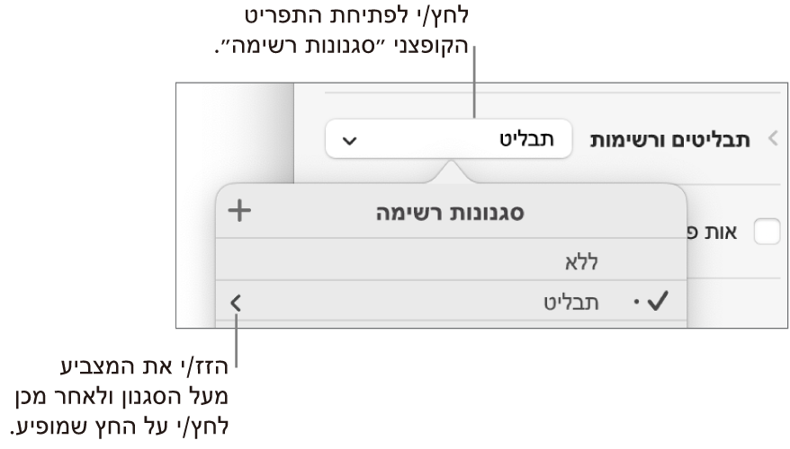 התפריט הקופצני ״סגנונות רשימה״ עם סגנון אחד נבחר וחץ בקצה הימני שלו.