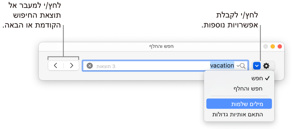 חלון ״חפש והחלף״ עם הסברים לכפתור להצגת האפשרויות ״חפש״, ״חפש והחלף״, ״מילים שלמות״ ו״התאם ראשיות״. חץ מימין מאפשר לך לדלג לתוצאת החיפוש הקודמת או לתוצאת החיפוש הבאה.