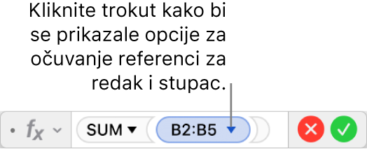 Urednik formula koji prikazuje kako se može sačuvati redak i stupac referenci raspona.