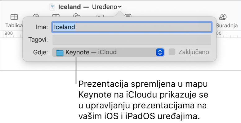 Dijaloški okvir za spremanje za prezentaciju s Keynote—iCloud u skočnom izborniku Gdje.