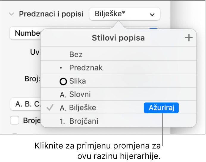 Skočni izbornik Stilovi popisa s tipkom Ažuriraj pokraj naziva novog stila.