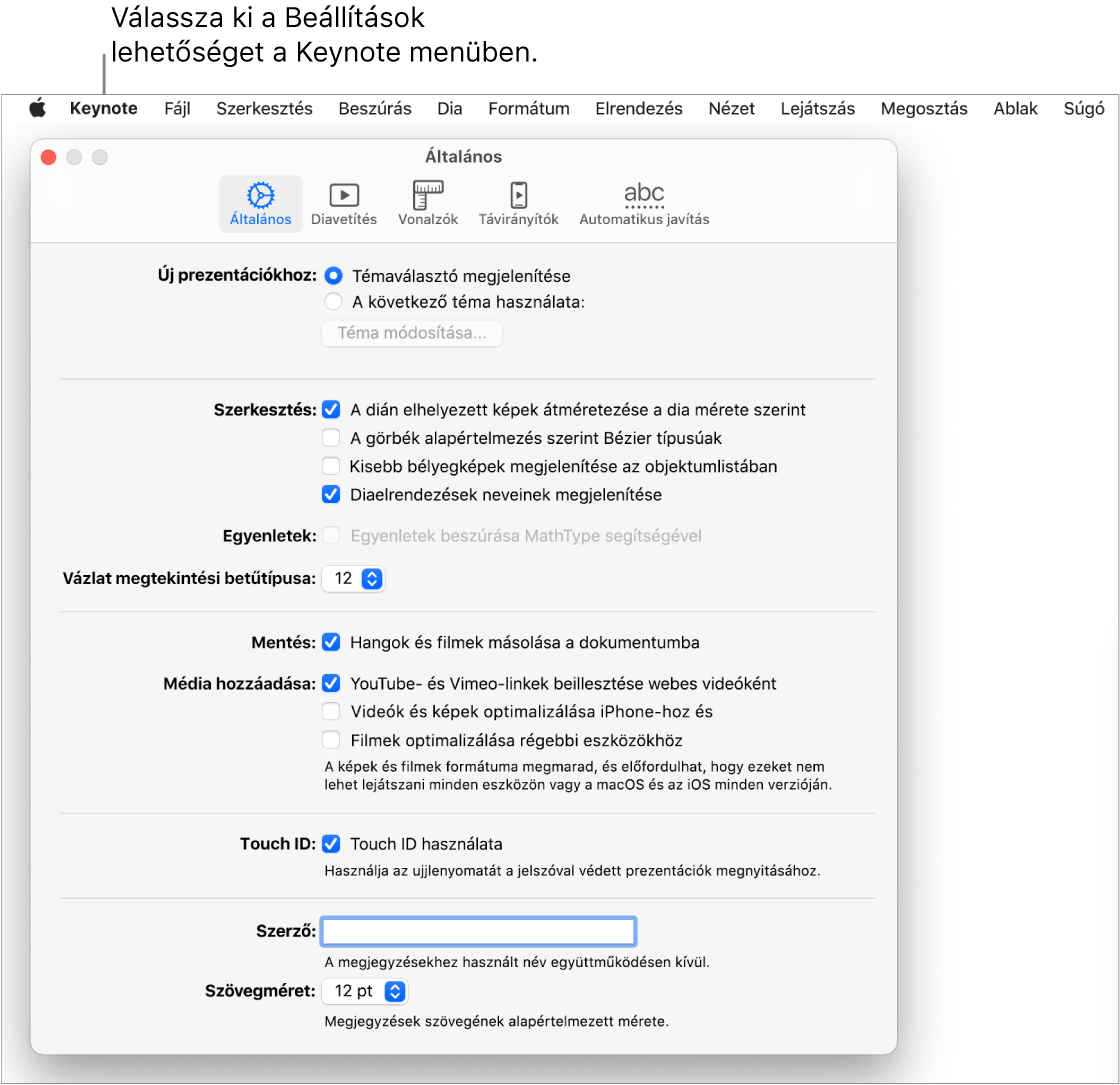 A Keynote-beállítások ablak az Általános panellel.