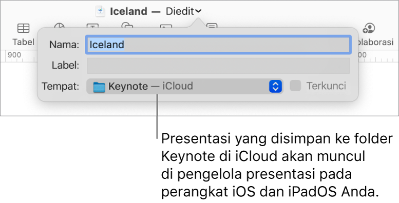 Dialog Simpan untuk presentasi dengan Keynote—iCloud di menu pop-up Tempat.