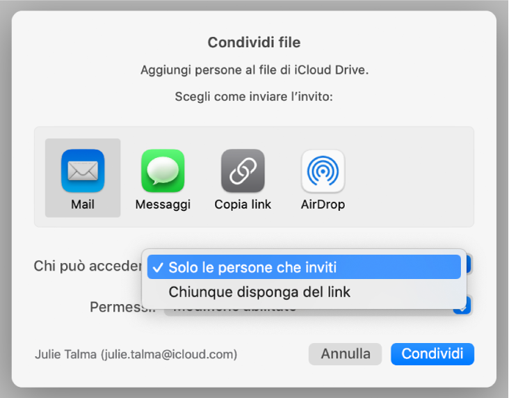 la sezione “Opzioni di condivisione” della finestra di dialogo di collaborazione con il menu a comparsa “Chi può accedere” aperto e “Solo le persone che inviti” selezionato.