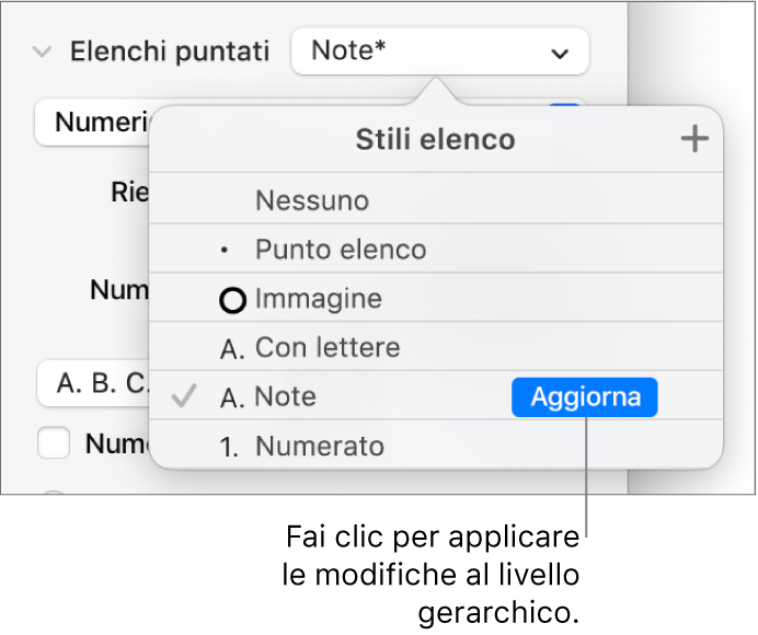 Il menu a comparsa “Stili elenco” con un pulsante Aggiorna accanto al nome nel nuovo stile.