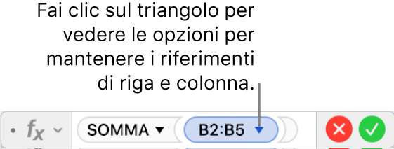 “Editor formule” che mostra come conservare la riga e la colonna dei riferimenti a un intervallo.