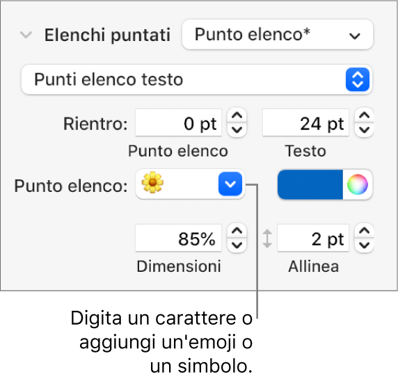 La sezione “Elenchi puntati” della barra laterale Formato. Nel campo “Punto elenco” viene visualizzata l'emoji di un fiore.