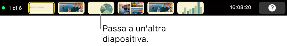 Touch Bar di MacBook Pro con i controlli della presentazione che permettono di uscire dalla presentazione, passare ad altre diapositive e cambiare il monitor del presentatore.