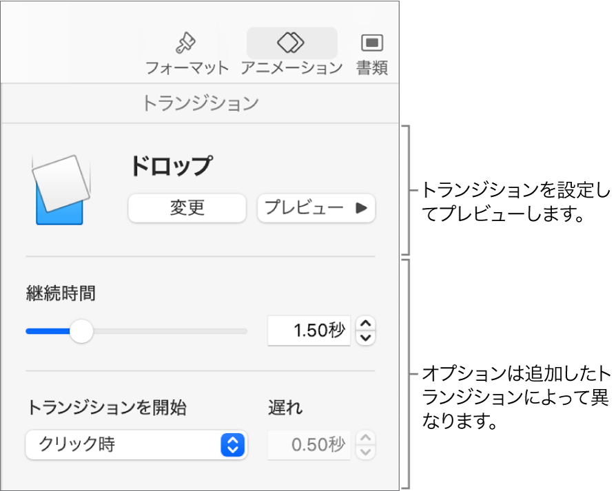 Macのkeynoteでスライド間にトランジションを追加する Apple サポート