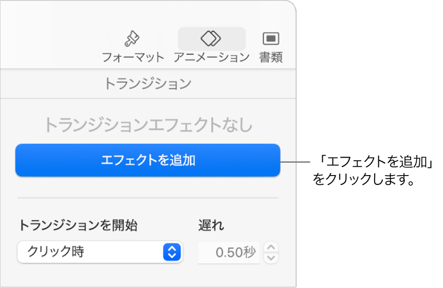 サイドバーの「アニメーション」セクションに表示されている「エフェクトを追加」ボタン。