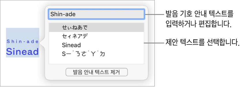 발음 기호 안내는 텍스트 필드 및 제안 텍스트에 대한 설명이 있는 단어에 대해 열립니다.