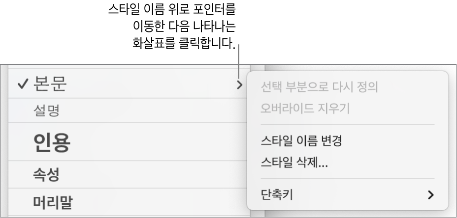 단축 메뉴가 열려 있는 단락 스타일 메뉴.