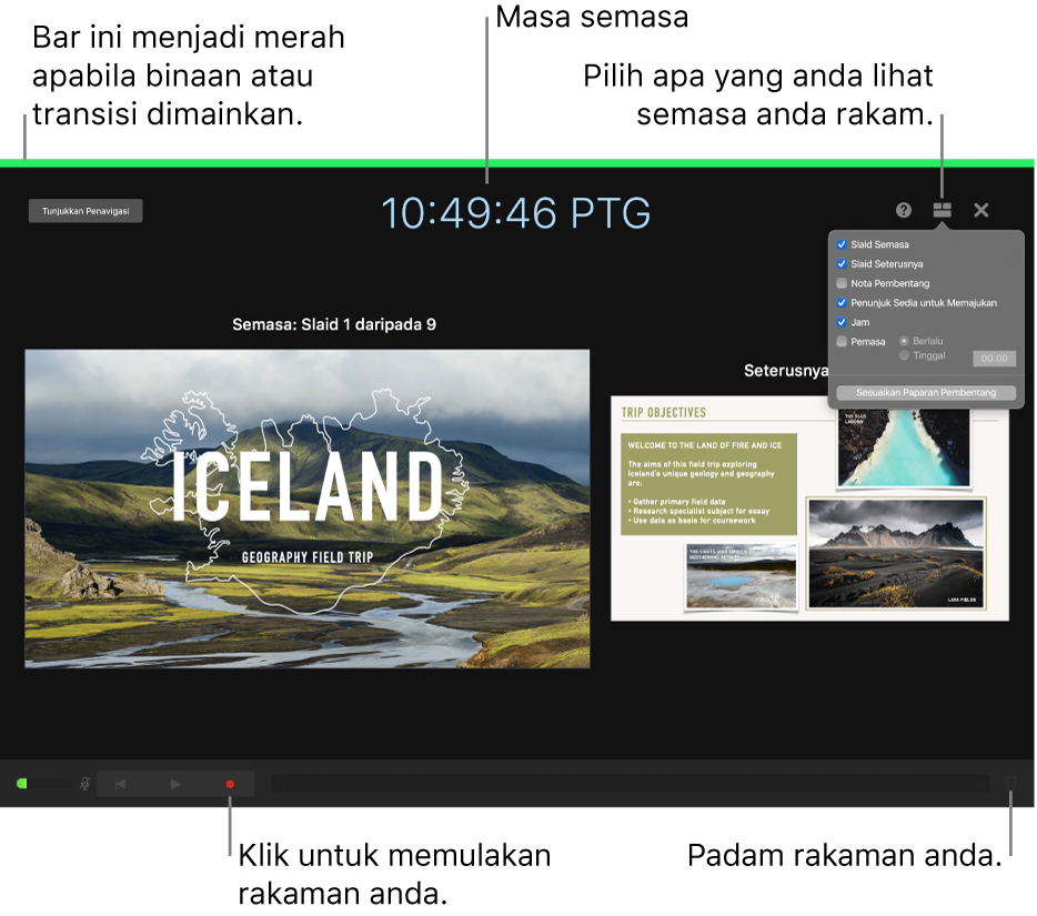 Tangkapan skrin mod rakaman suara pada paparan penyampai. Slaid semasa dan seterusnya, masa semasa dan kawalan paparan penyampai kelihatan. Kawalan untuk memulakan dan menamatkan rakaman dan kawalan untuk memadamkan rakaman muncul berhampiran bahagian bawah paparan.