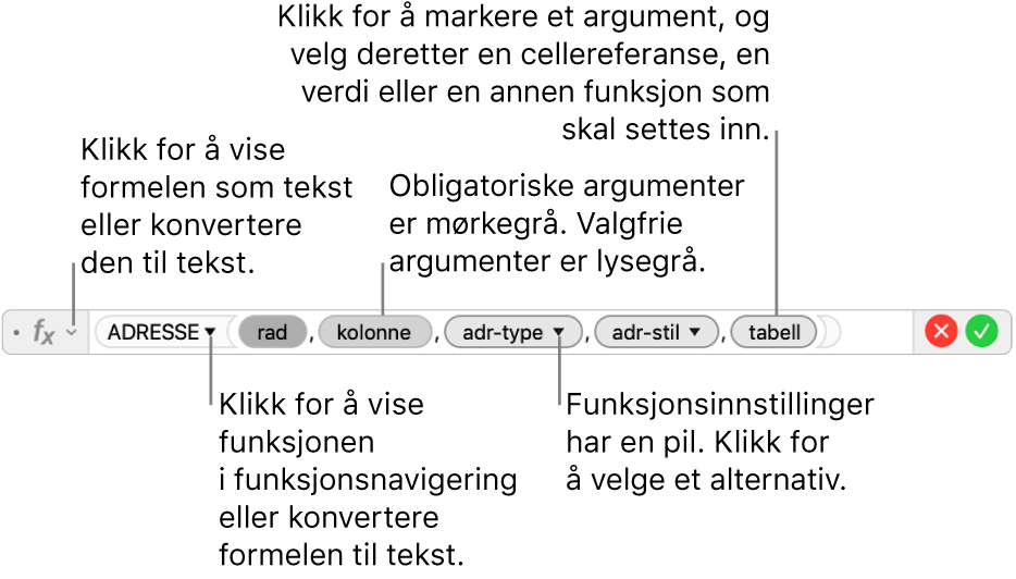 Formelredigeringen, som viser ADRESSE-funksjonen med argumentelementer.