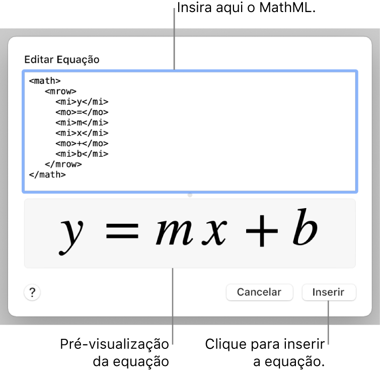 A equação da inclinação de uma linha no campo Editar Equação e uma pré-visualização da fórmula abaixo.