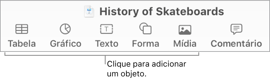 A barra de ferramentas do Keynote mostrando os botões usados para adicionar um objeto a um slide.