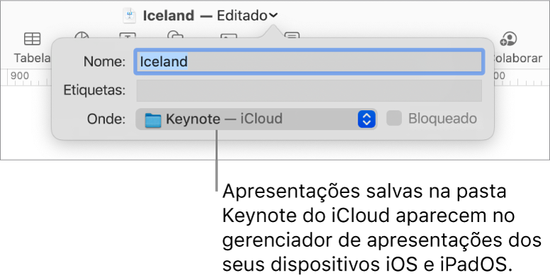 Diálogo Salvar de uma apresentação do Keynote — iCloud no menu local Onde.