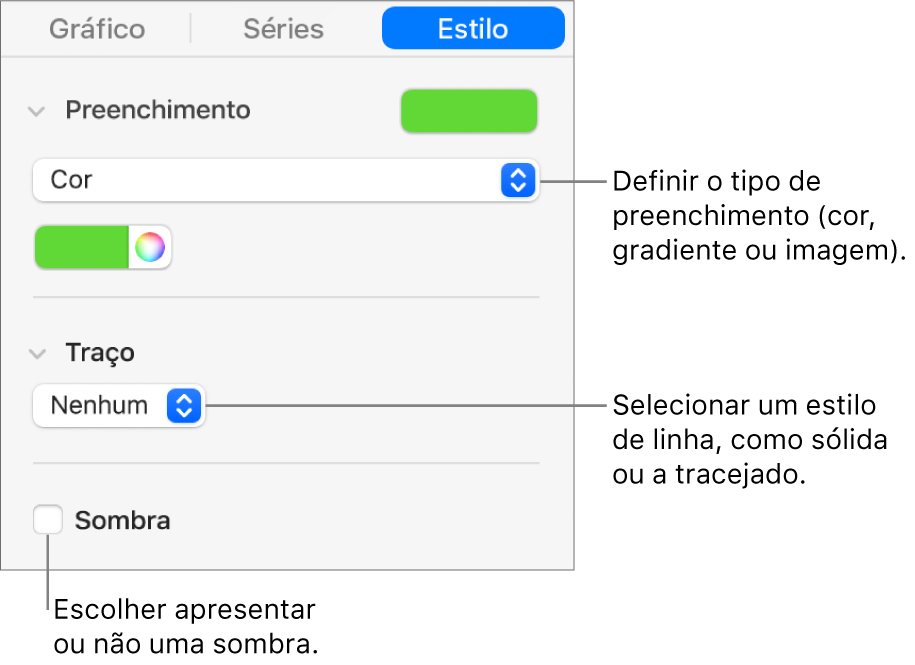 Controlos para alterar a aparência da série de dados.