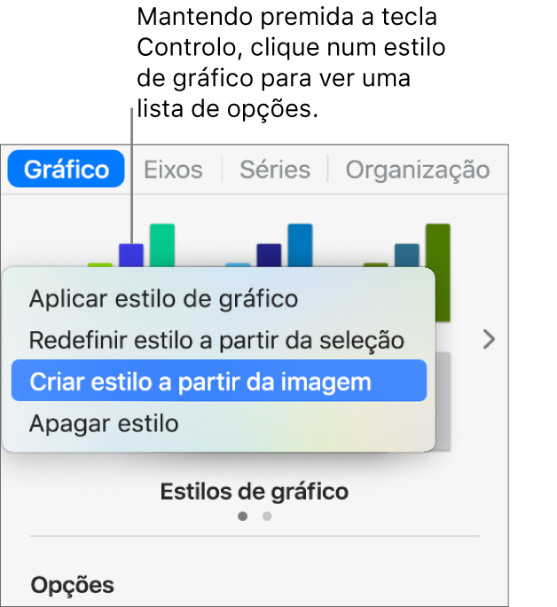 Menu de atalhos de estilo de gráfico.