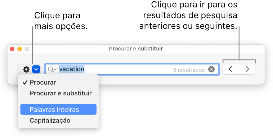 Janela “Procurar e substituir” com chamadas para o botão para mostrar as opções Procurar, “Procurar e substituir”, “Palavras inteiras” e “Caixa alta/baixa”. As setas à direita permitem ir para os resultados de pesquisa anterior ou seguinte.