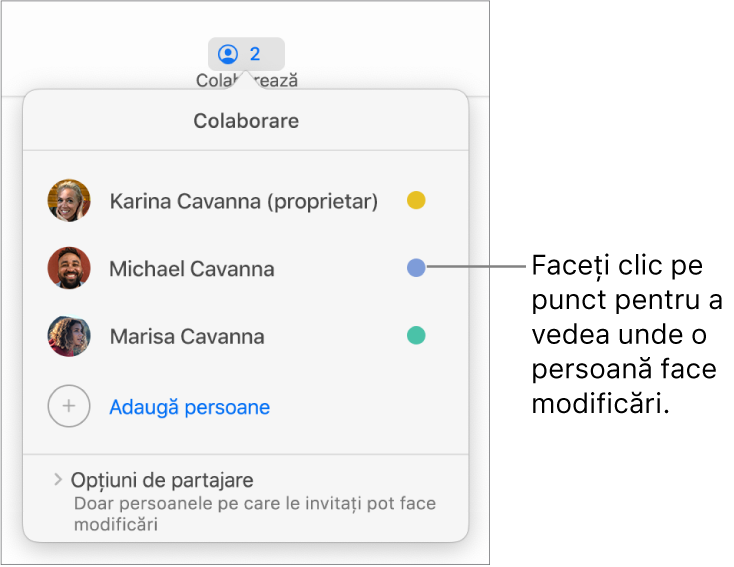 Lista de participanți cu trei participanți și un punct colorat diferit în dreapta fiecărui nume.