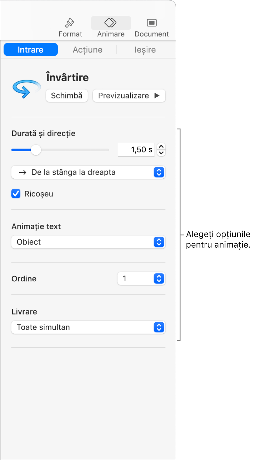Opțiunile Intrare în secțiunea Animă din bara laterală.