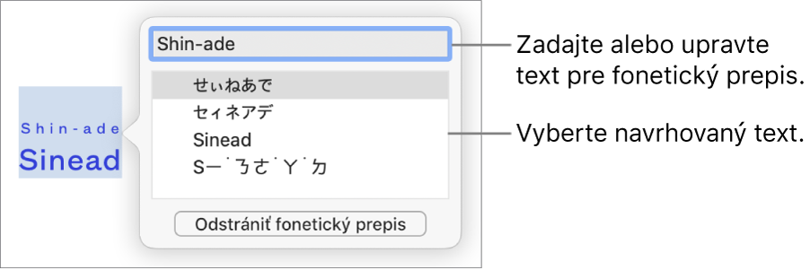 Otvorený fonetický prepis pre označené slovo s textovými bublinami na textovom poli a odporúčaný text.